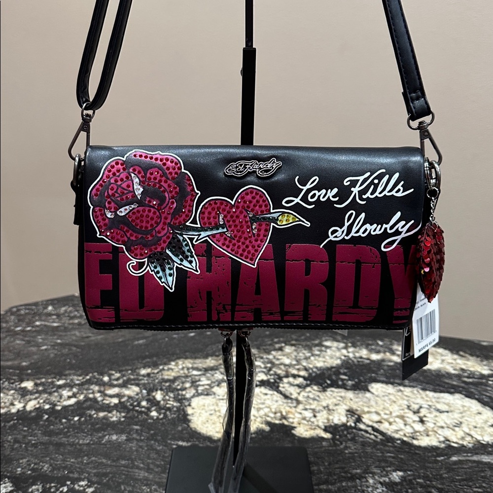 Ed Hardy Black and Red Crossbody Bag with Rose Patch - Picture 2 of 9